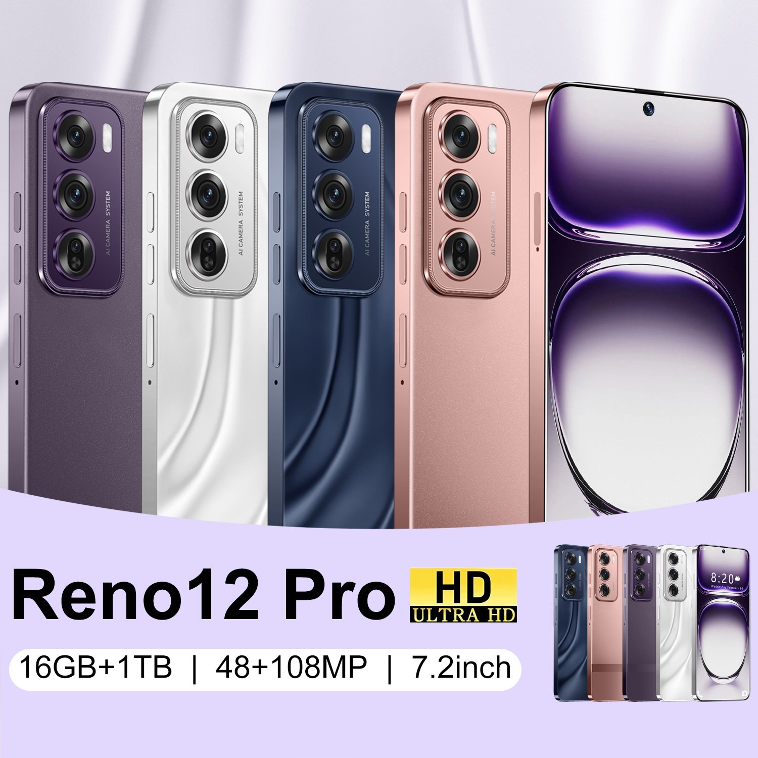 Good quality Unlocked 7.3inch Reno 12 pro 16GB+1TB 5g Smartphone Screen Android 13.0 3g&4g smartphone Face Unlock